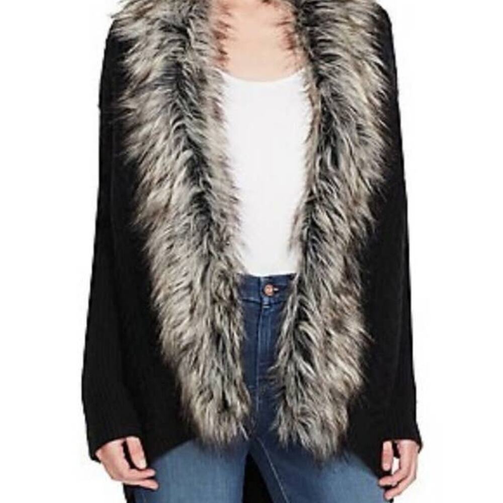 Jessica Simpson Oversized Faux Fur Lined Knit Black Sweater Cardigan Size Small